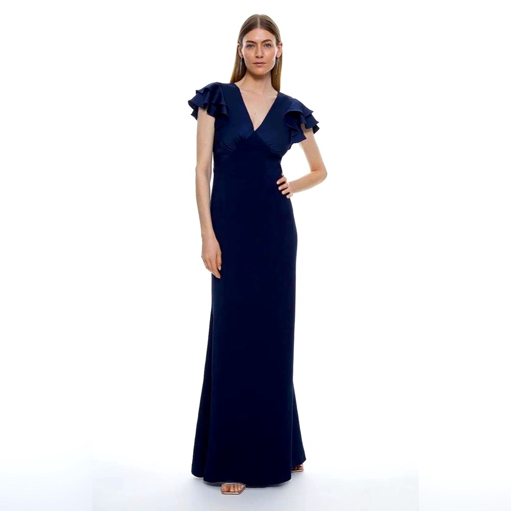 Karen Millen Ruffle Back V Neck Satin Maxi Dress 8